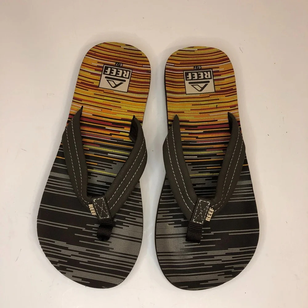 Reef Boys 6/7  Flip Flops Sandals Boys Little Ahi Stripe Yellow Red Orange Black